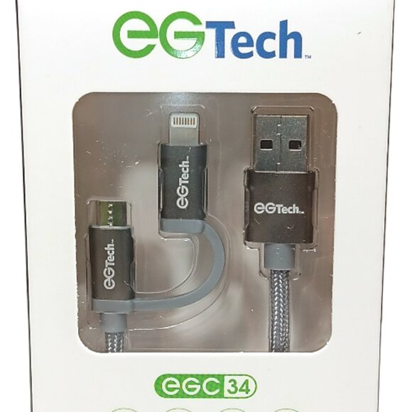 EG Tech 2-in-1 Charging Sync Cable Gray Braided 3 ft 2.1A USB Micro-USB Lighting - Picture 3 of 3